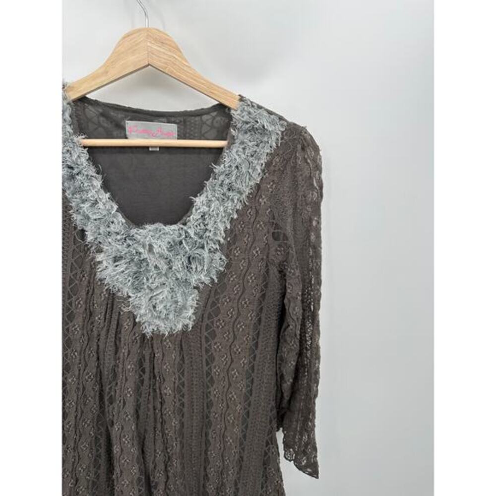Pretty Angel Tunic WOmen Large Gray Lace V Neck Silk Blend Whimsigoth Dark Fairy - Picture 4 of 9